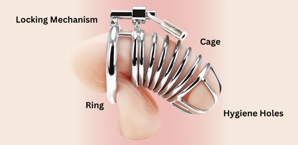Diagram showing labelled parts of a male chastity cage: base ring, cage, and locking mechanism