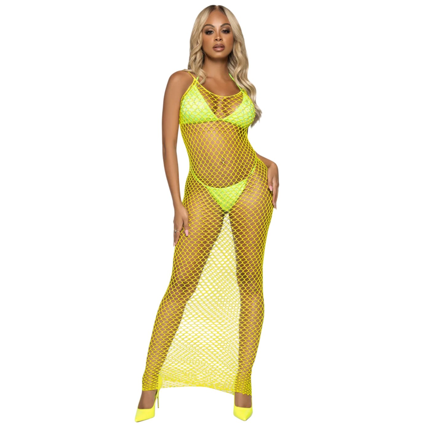 Leg Avenue Woven Twist Fishnet Backless Maxi Dress Yellow