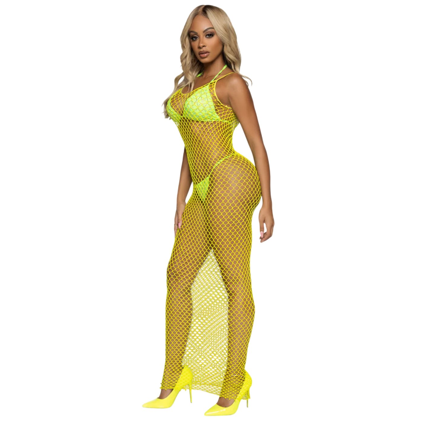 Leg Avenue Woven Twist Fishnet Backless Maxi Dress Yellow