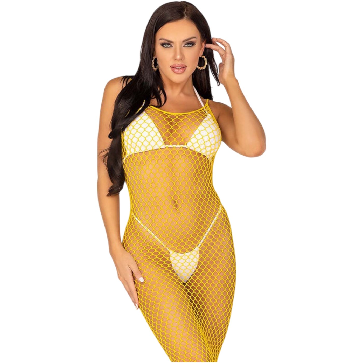 Leg Avenue Woven Twist Fishnet Backless Maxi Dress Yellow