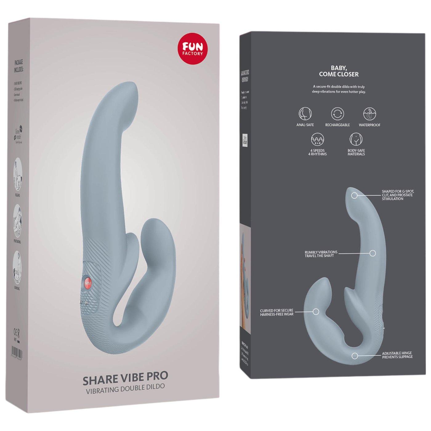 Fun Factory Share Vibe Pro Vibrating Rechargeable Strapless Strap-On Cool Grey