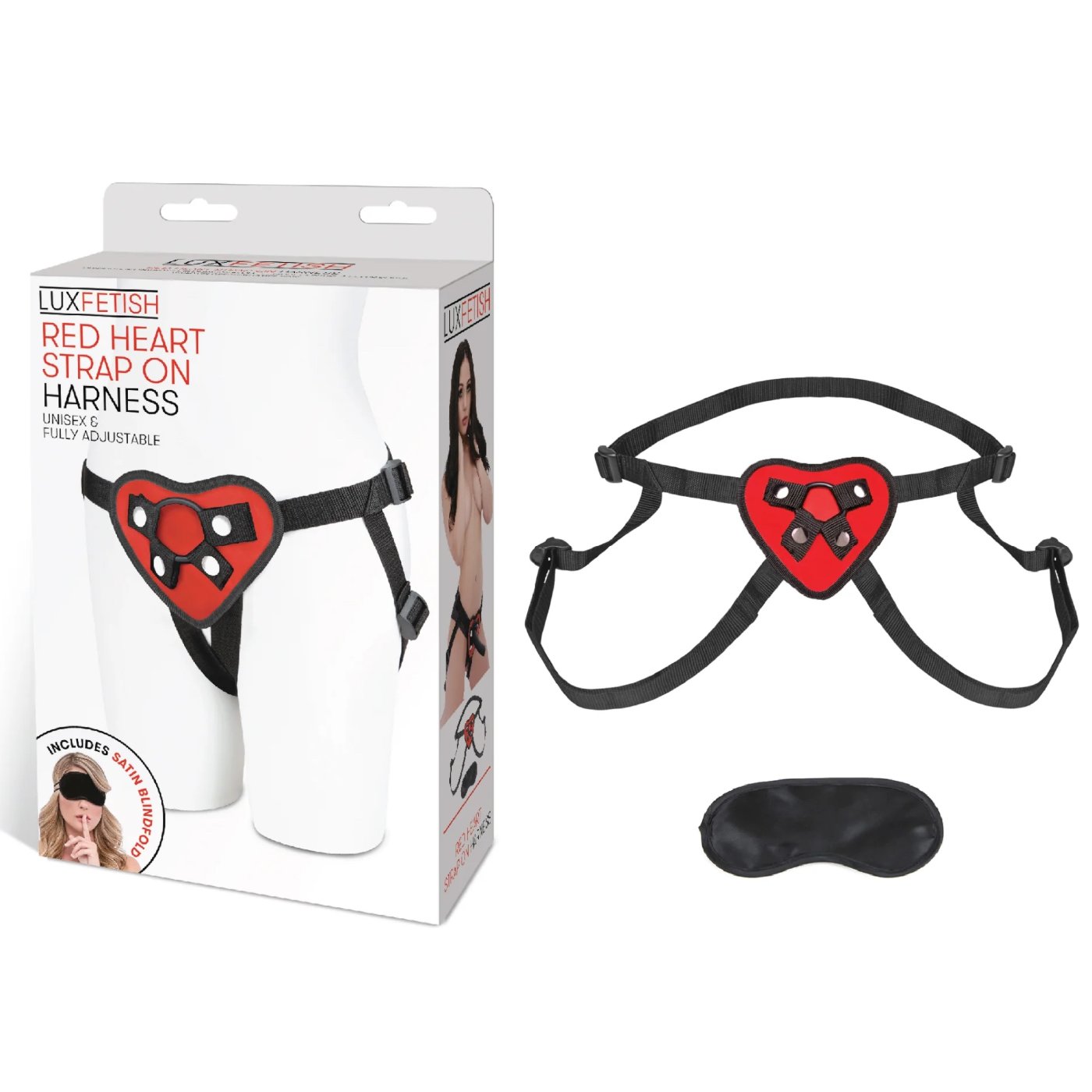 Lux Fetish Red Heart Strap-On Harness with Blindfold