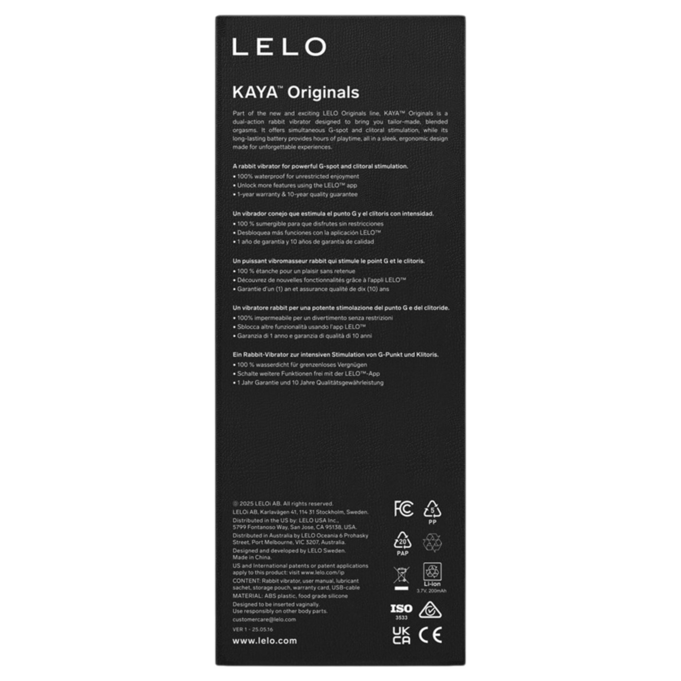 LELO KAYA Originals App Controlled Rabbit Vibrator