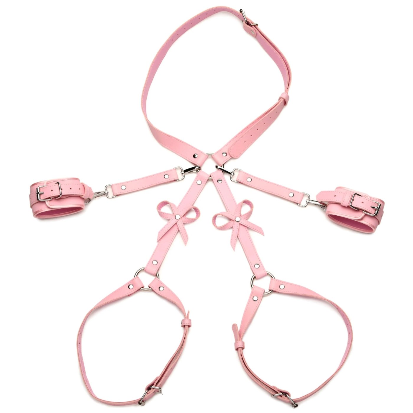 Strict Bondage Harness with Bows and Wrist Cuffs Pink