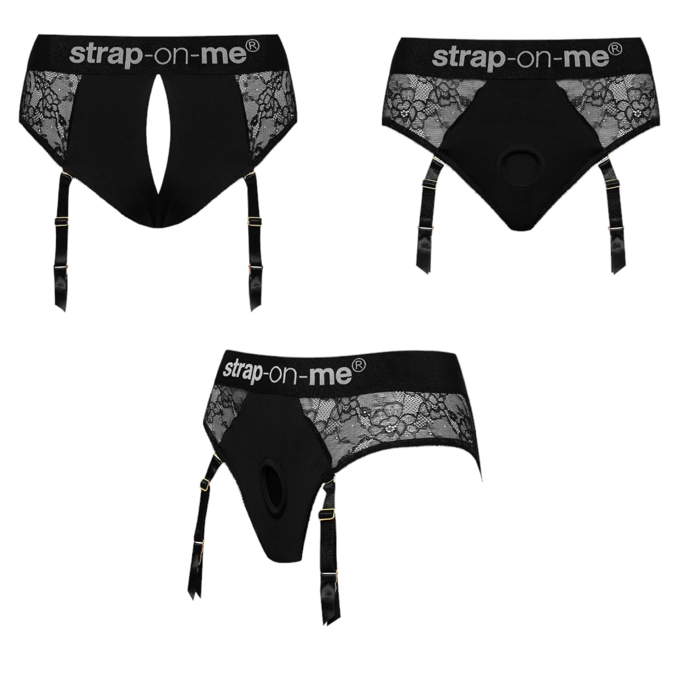 Strap-On-Me Diva Open-Back Lace Harness Briefs with Suspenders Black M