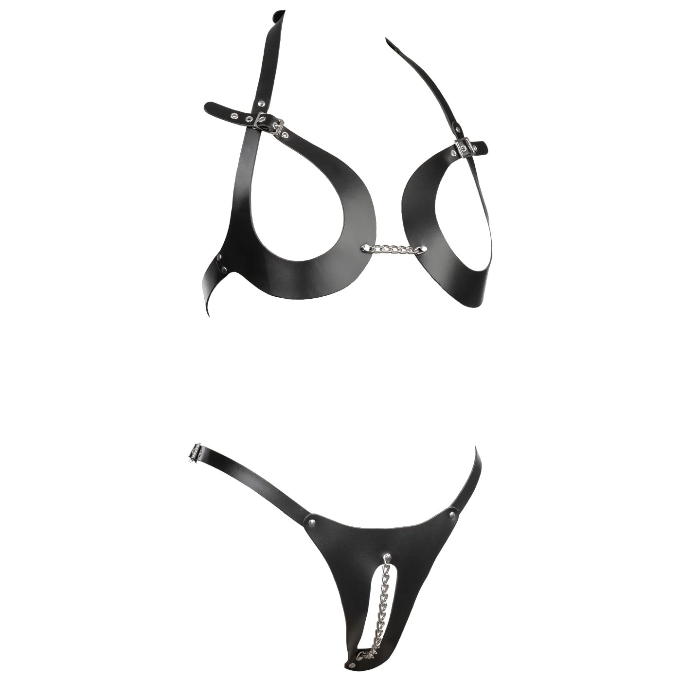 Rimba Leather Open-Cup Crotchless Bikini with Chain Detail
