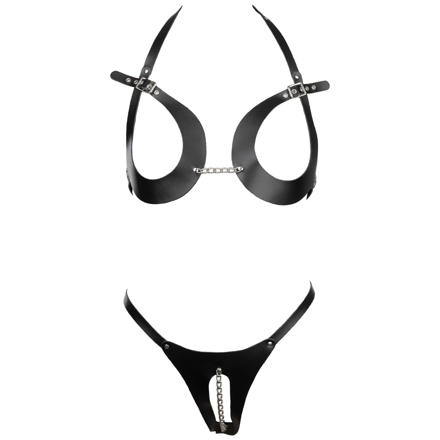 Rimba Leather Open-Cup Crotchless Bikini with Chain Detail