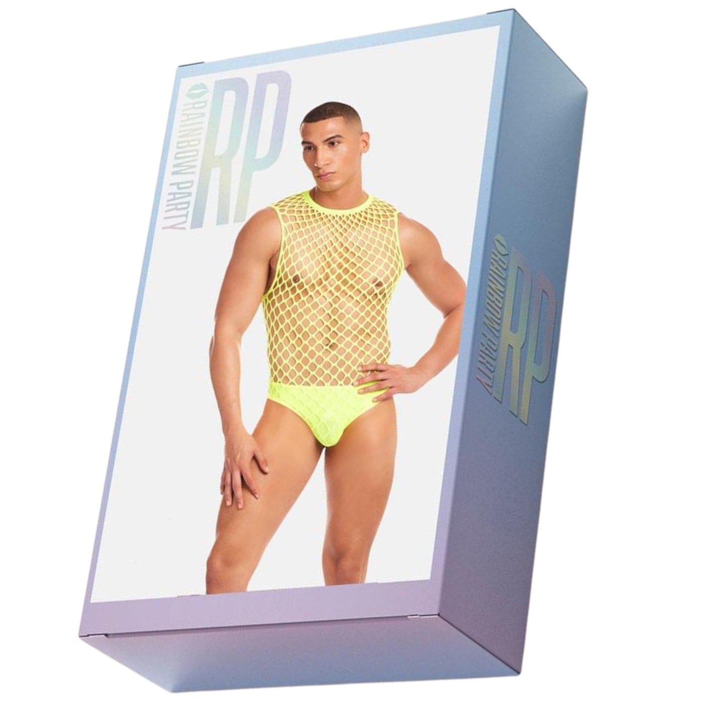 Rainbow Party Full Effect Men’s Fishnet Bodysuit & Thong Set Neon Yellow