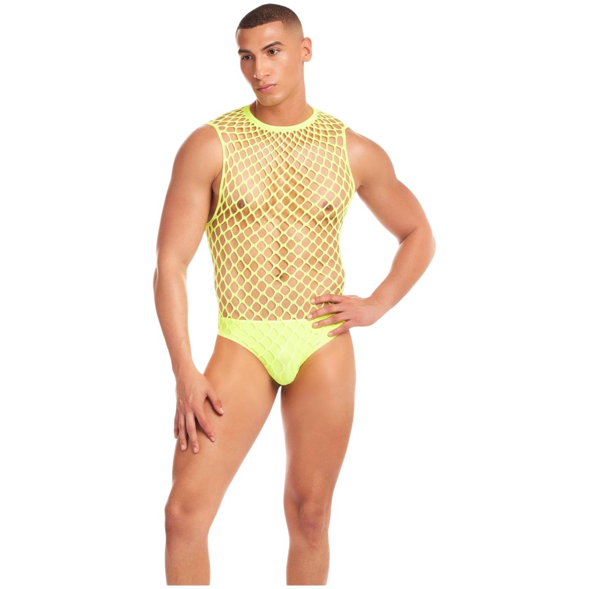 Rainbow Party Full Effect Men’s Fishnet Bodysuit & Thong Set Neon Yellow, L/XL