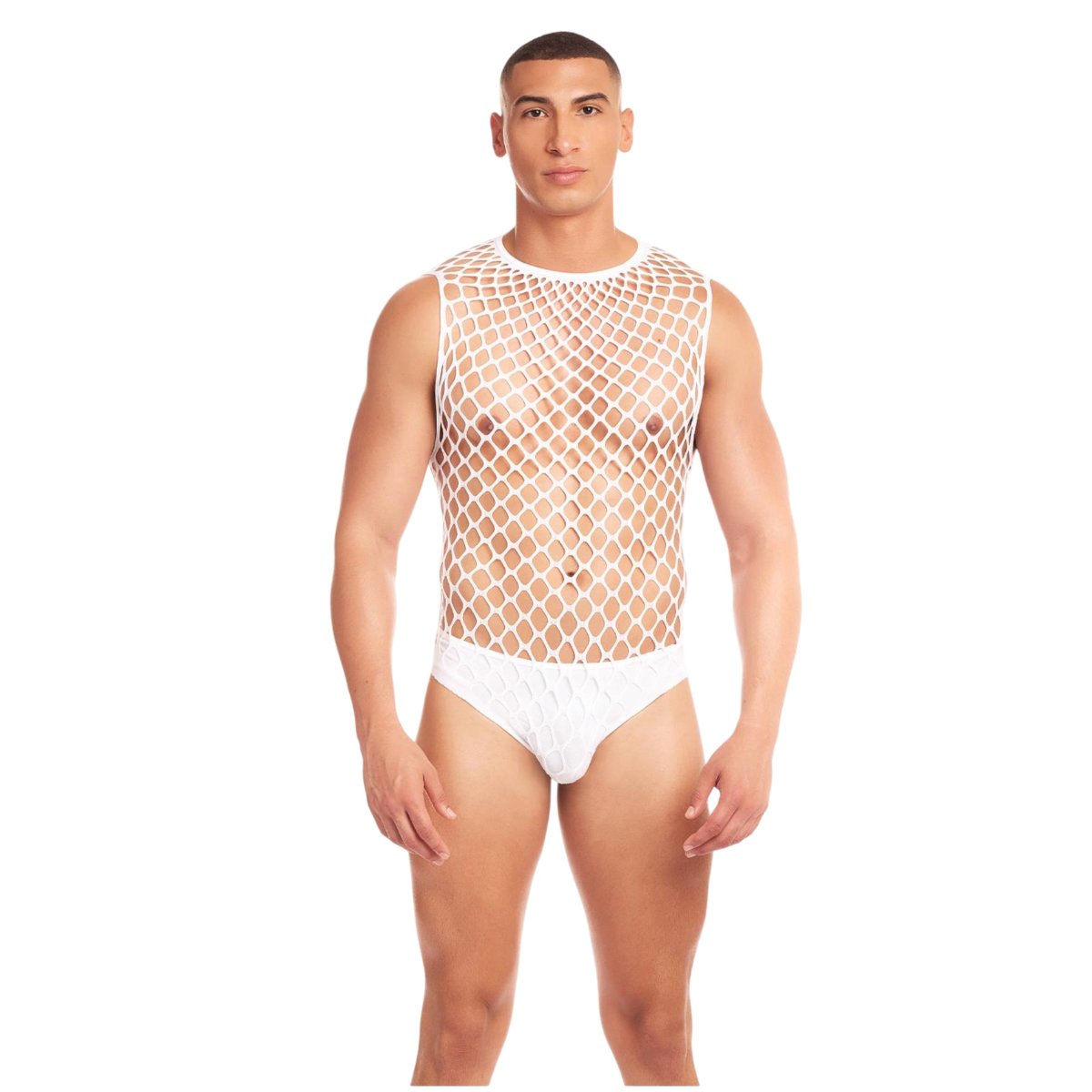 Rainbow Party Full Effect Men’s Fishnet Bodysuit & Thong Set White, L/XL