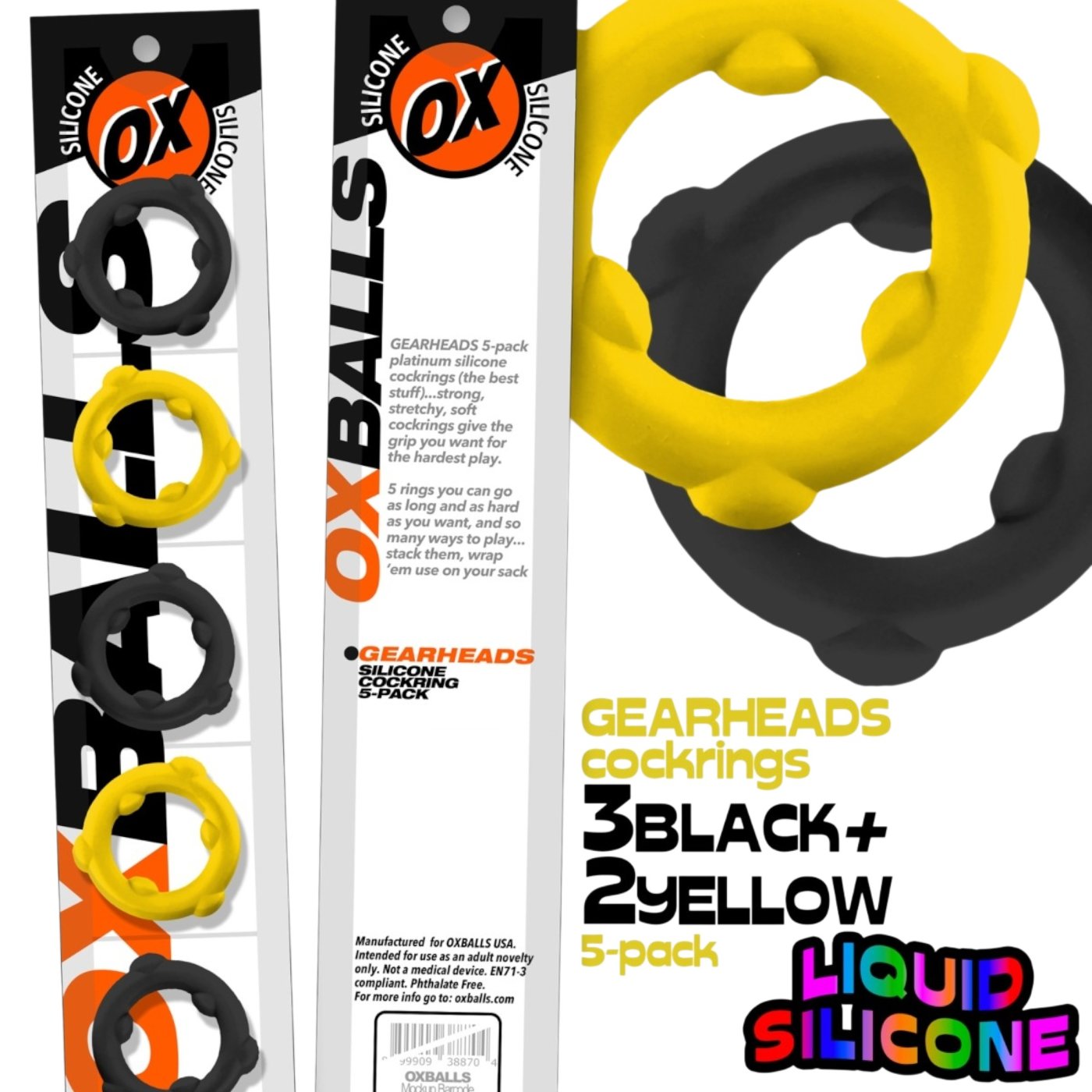 Oxballs Gearheads Mega-Stretch Liquid Silicone Cock Rings Yellow/Black (5-Pack)