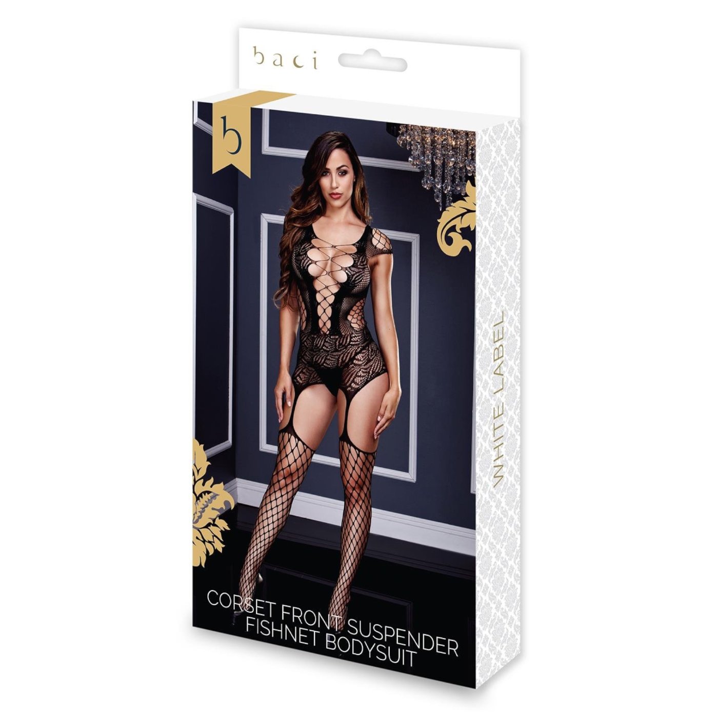 Baci Corset Front Fishnet Suspender Bodystocking Black