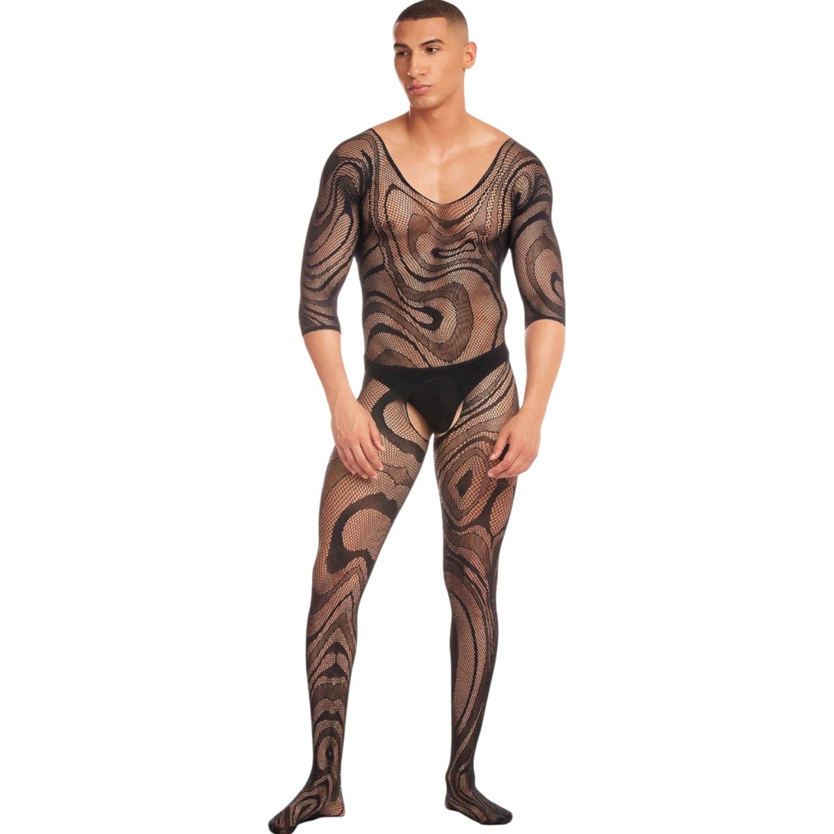 Rainbow Party Supernova Men’s Black Fishnet Bodystocking & Thong Set, S/M