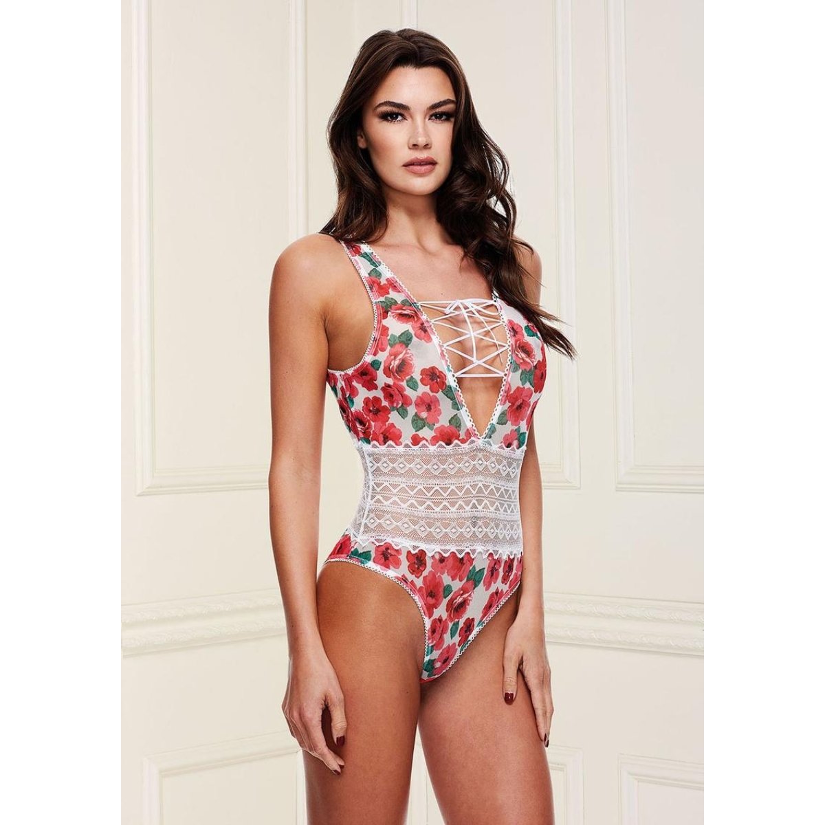 Baci White Floral and Lace Tie-Up Teddy Medium