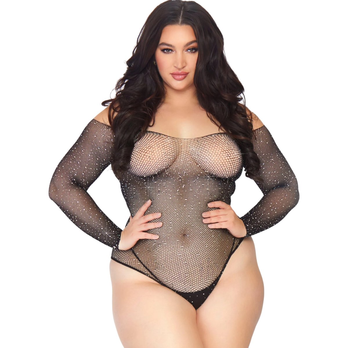 Leg Avenue Plus Size Crystallised Long Sleeve Bodysuit with Snap Crotch