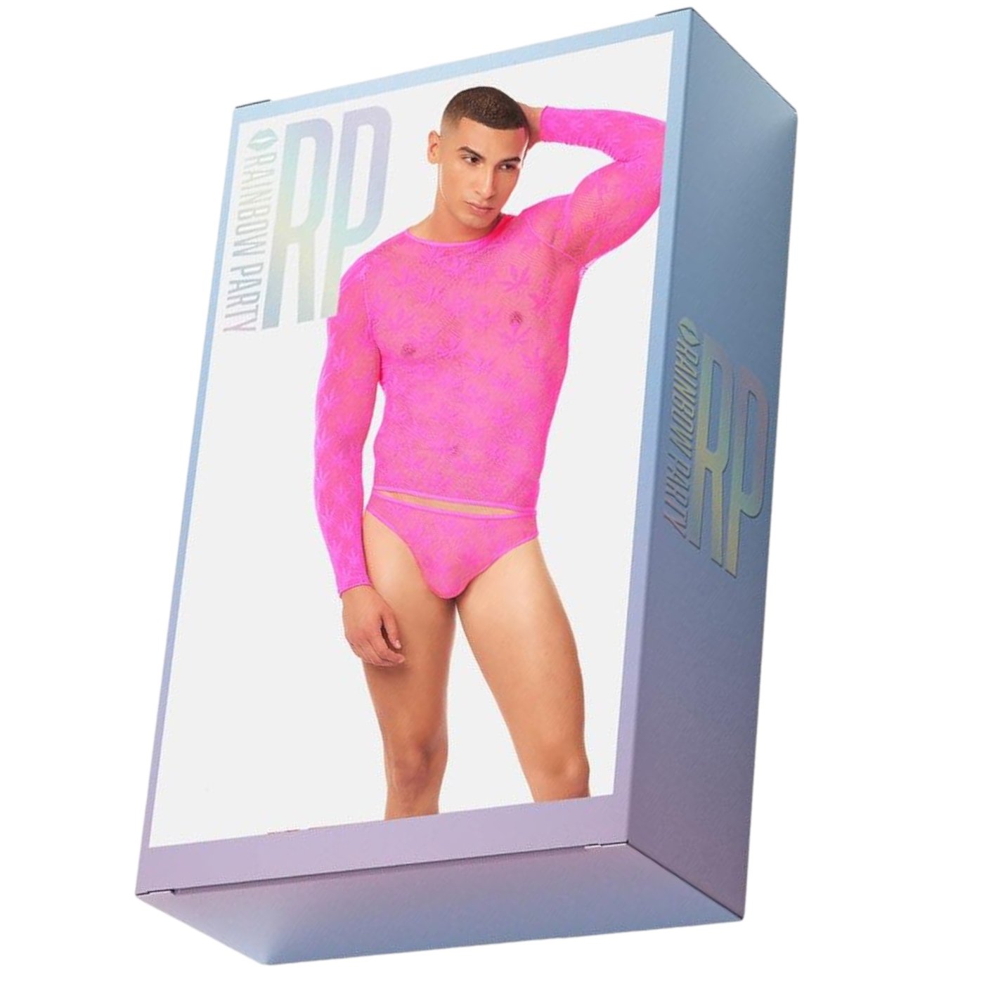 Rainbow Party Bubble Men’s Pink Sheer Mesh Long-Sleeve Top & Thong Set
