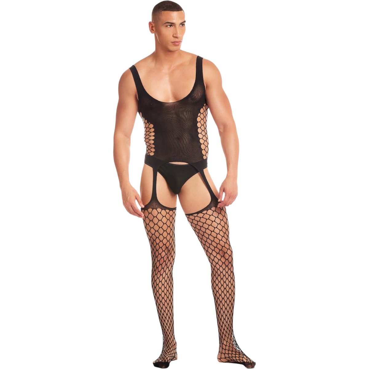 Rainbow Party Galaxy D Men’s Black Fishnet Suspender Bodystocking & Thong Set, L/Xl