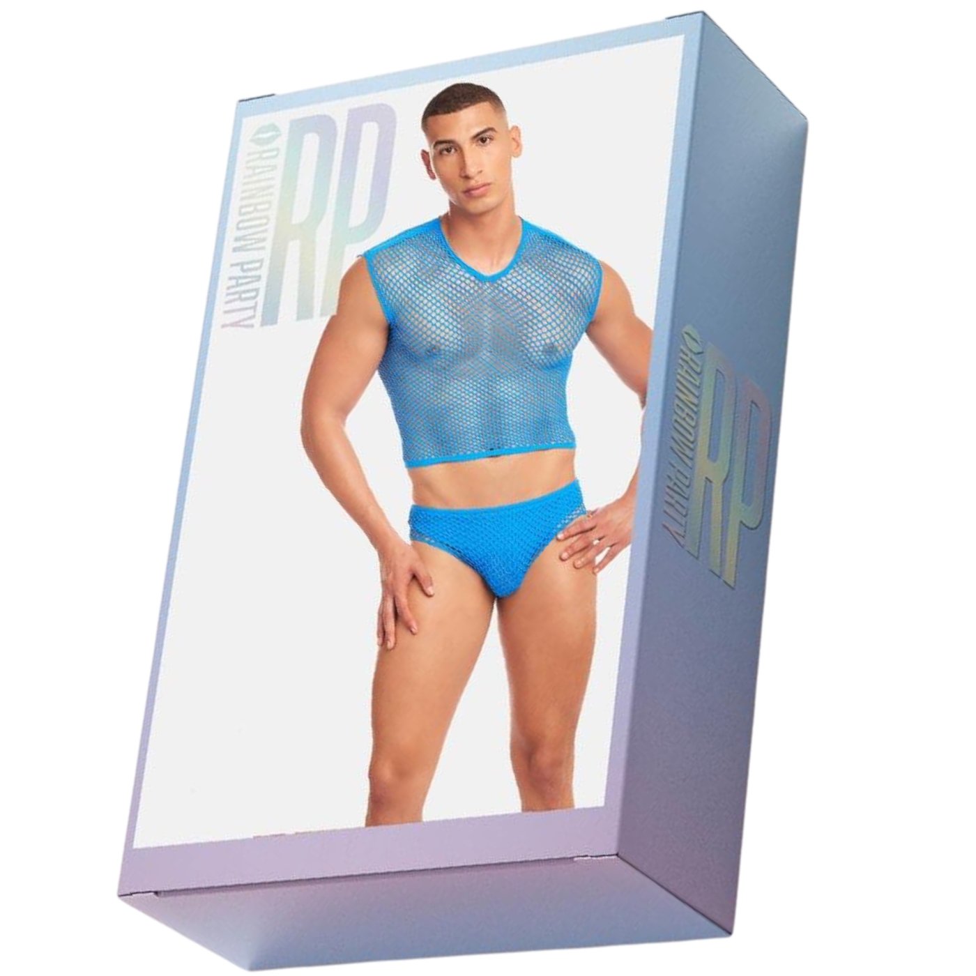 Rainbow Party Net Flex Men’s Fishnet Tank Top, Brief & Thong Set Blue