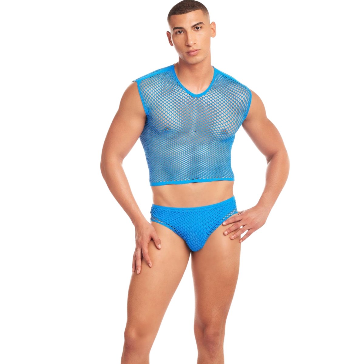 Rainbow Party Net Flex Men’s Fishnet Tank Top, Brief & Thong Set Blue, L/XL