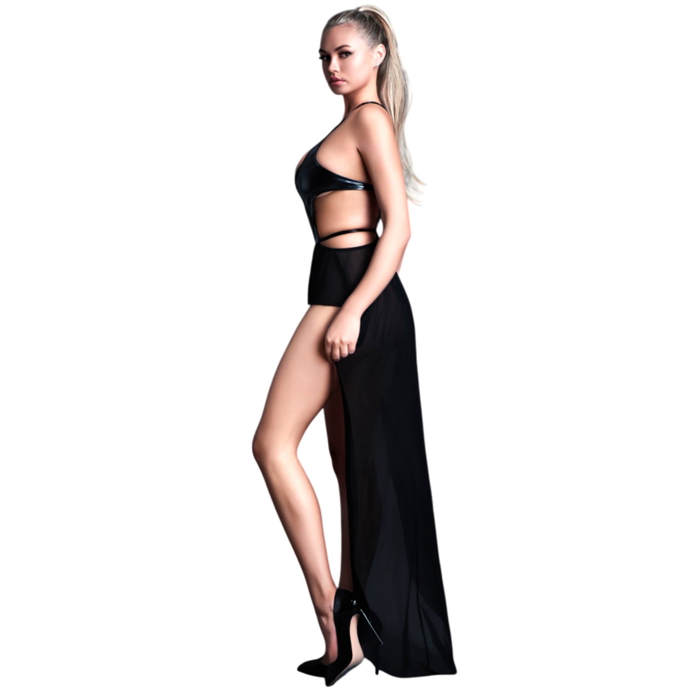 Allure Take Me Latex Look Vinyl and Mesh Bodysuit with Maxi Skirt