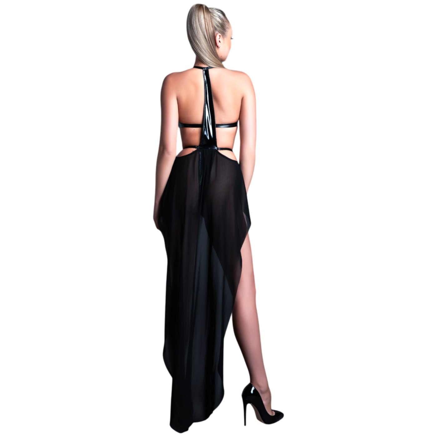 Allure Take Me Latex Look Vinyl and Mesh Bodysuit with Maxi Skirt