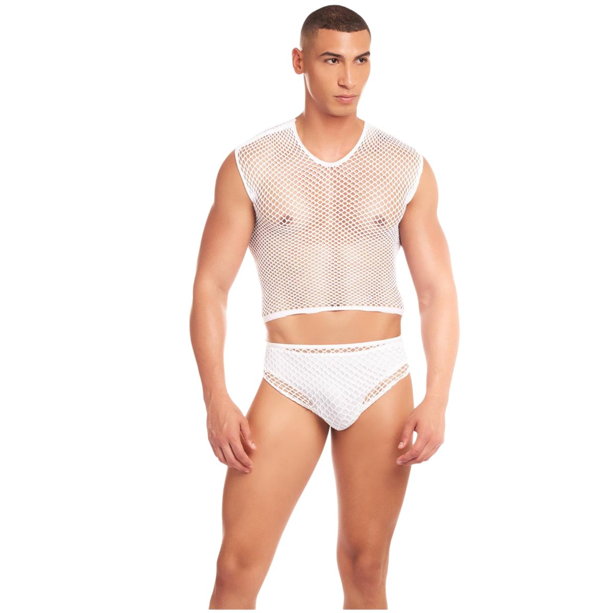 Rainbow Party Net Flex Men’s Fishnet Tank Top, Brief & Thong Set White, L/XL
