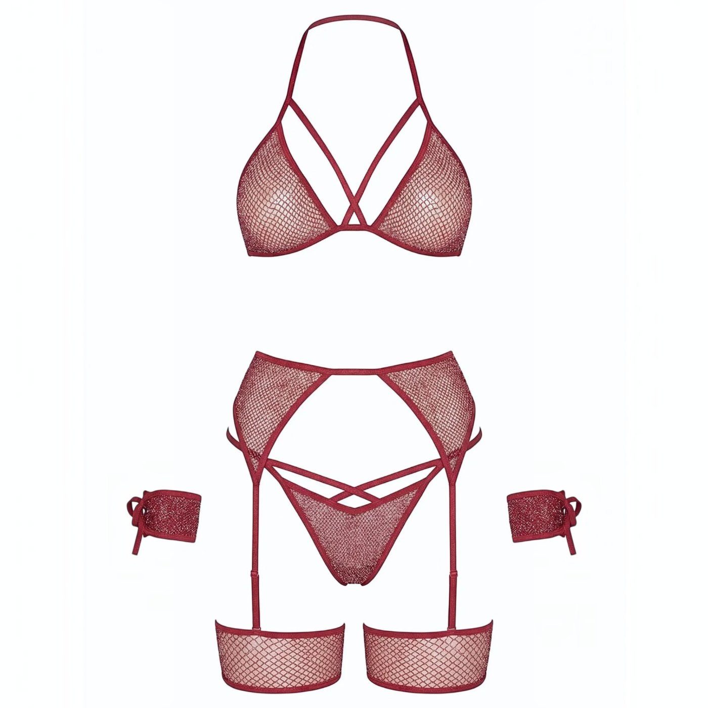Leg Avenue 4-Piece Lurex Fishnet Harness Lingerie Set Burgundy