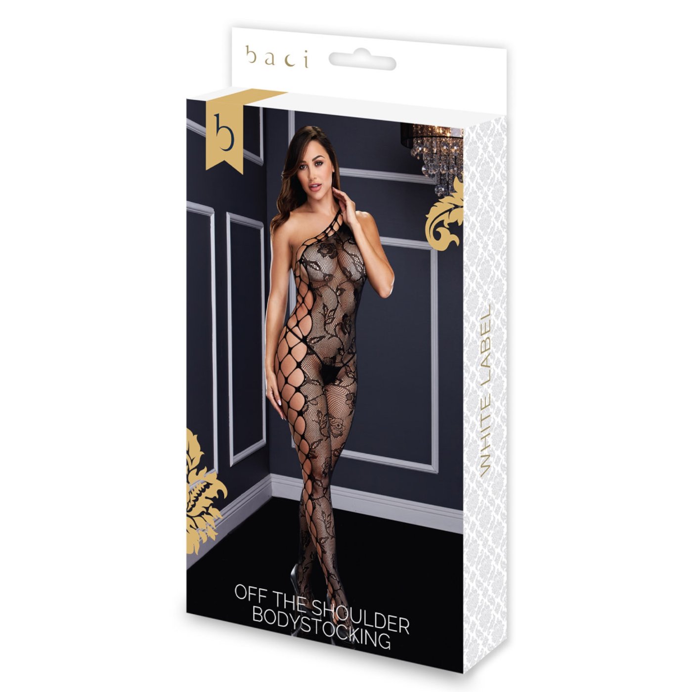 Baci Off-the-Shoulder Crotchless Bodystocking Black