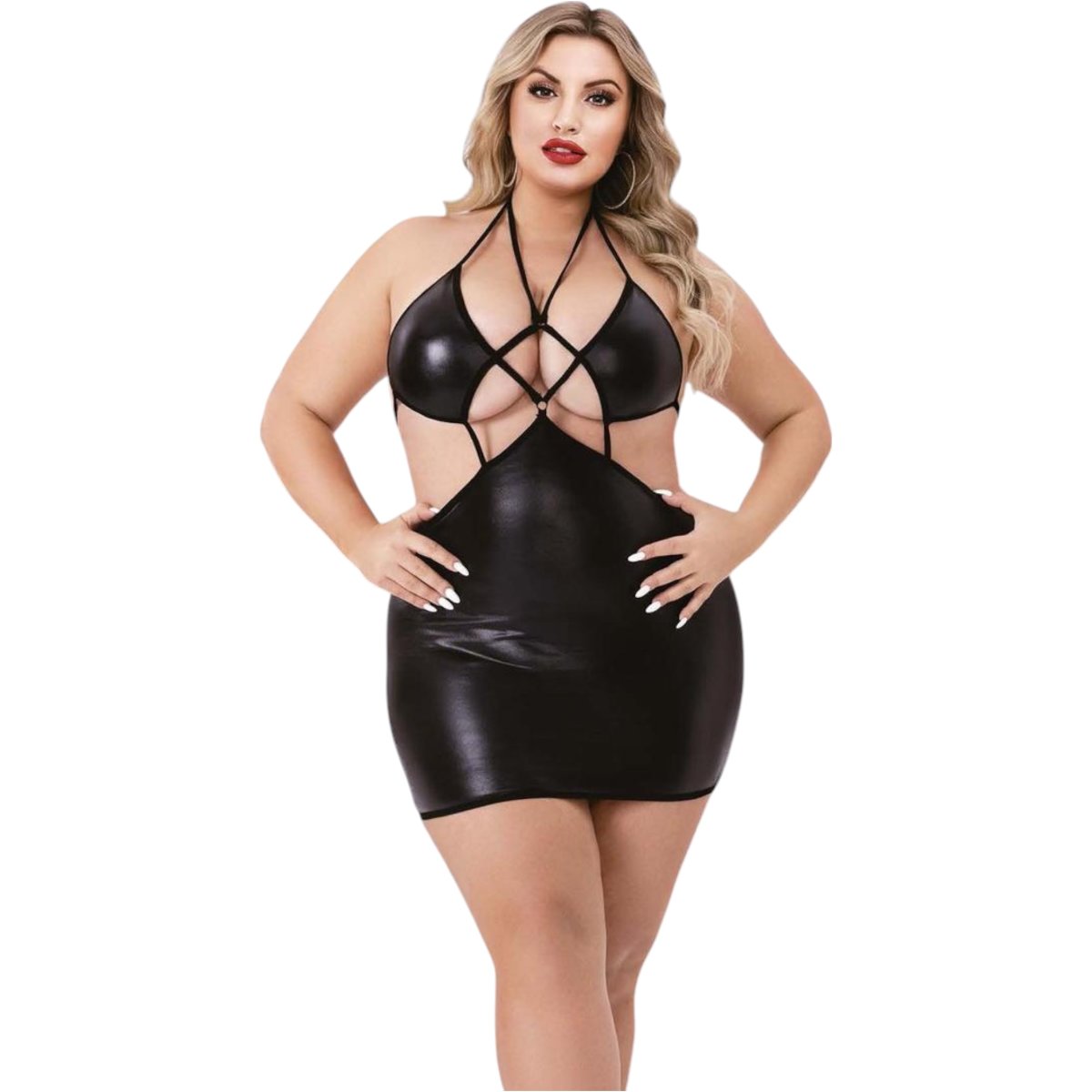 Baci Criss Cross Wetlook Halter Mini Dress Black Queen