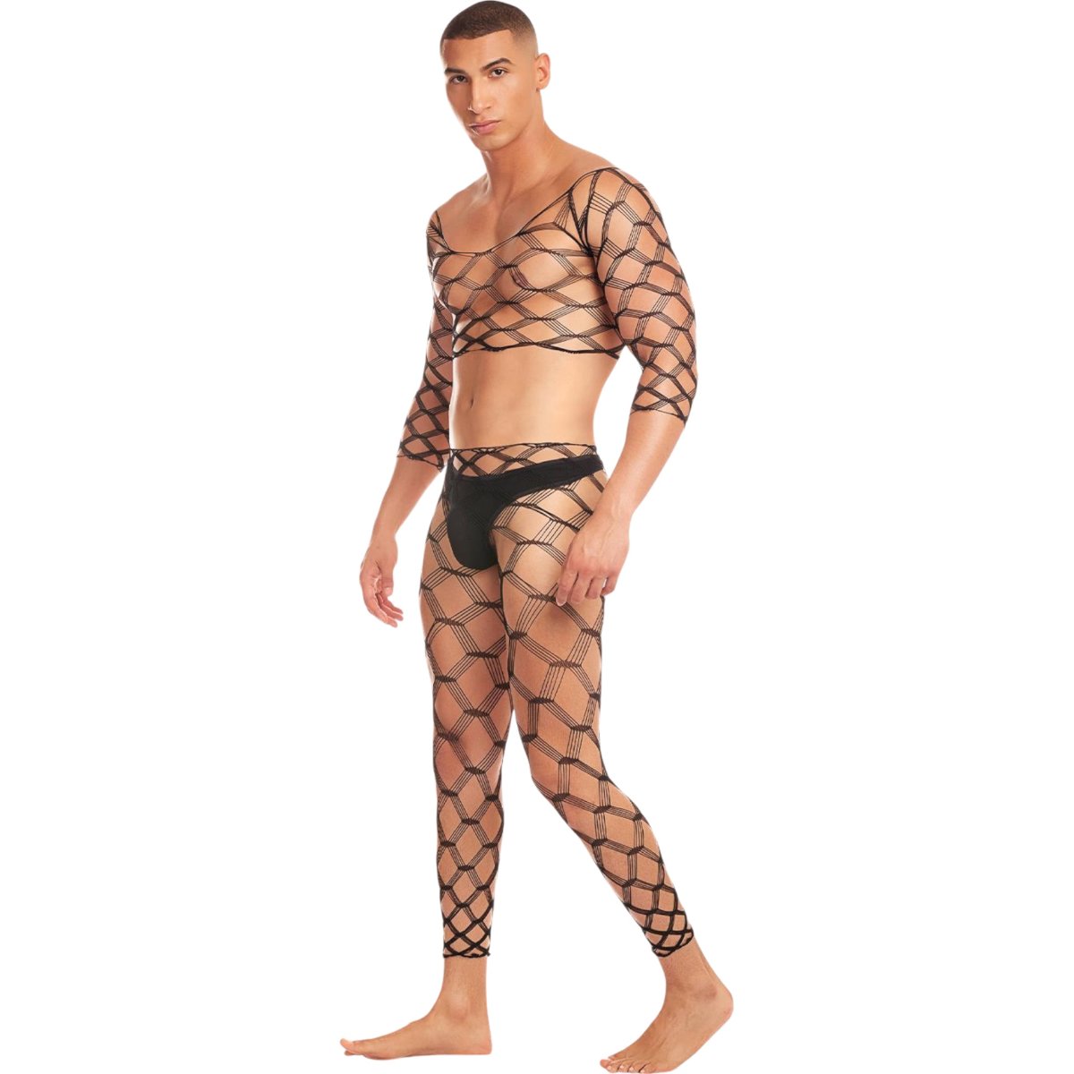 Rainbow Party Future Mode Men’s Geometric Fishnet Top, Leggings & Thong Set Black, S/M