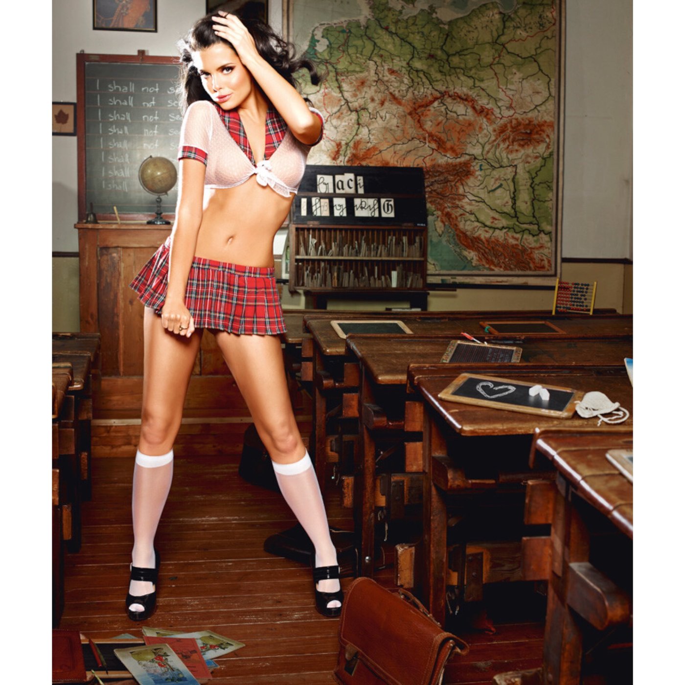 Baci Tartan Schoolgirl Mini Skirt and Tie-Front Top Set Red & White