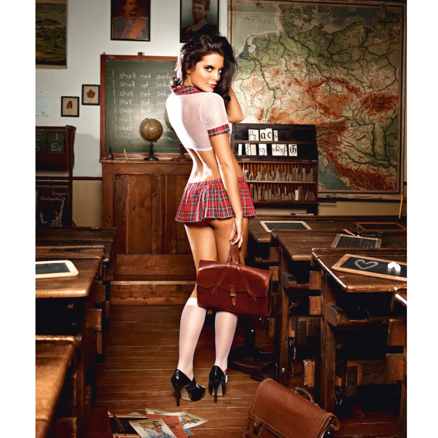 Baci Tartan Schoolgirl Mini Skirt and Tie-Front Top Set Red & White