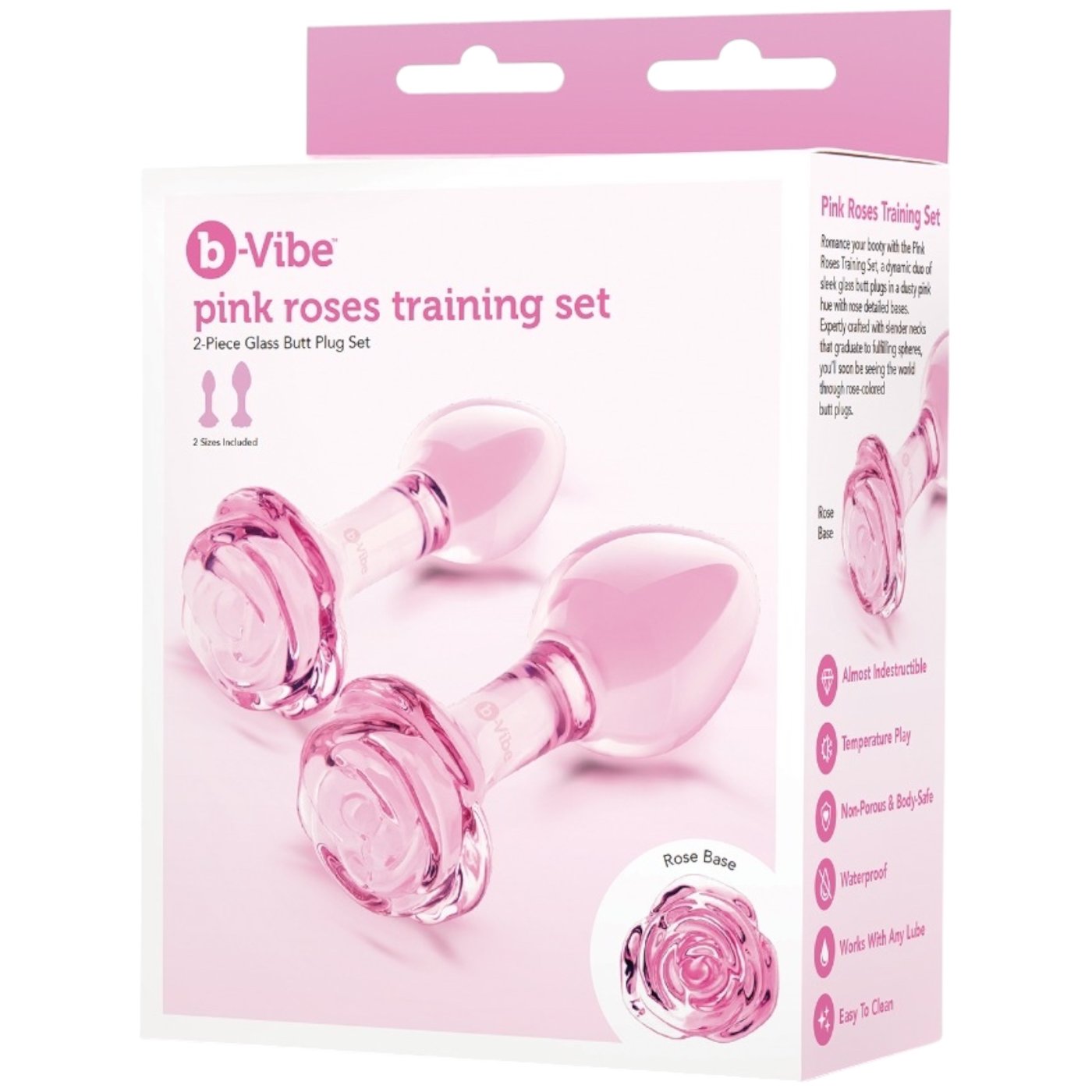 b-Vibe Pink Roses Glass Butt Plug Training Set (2 Pack)