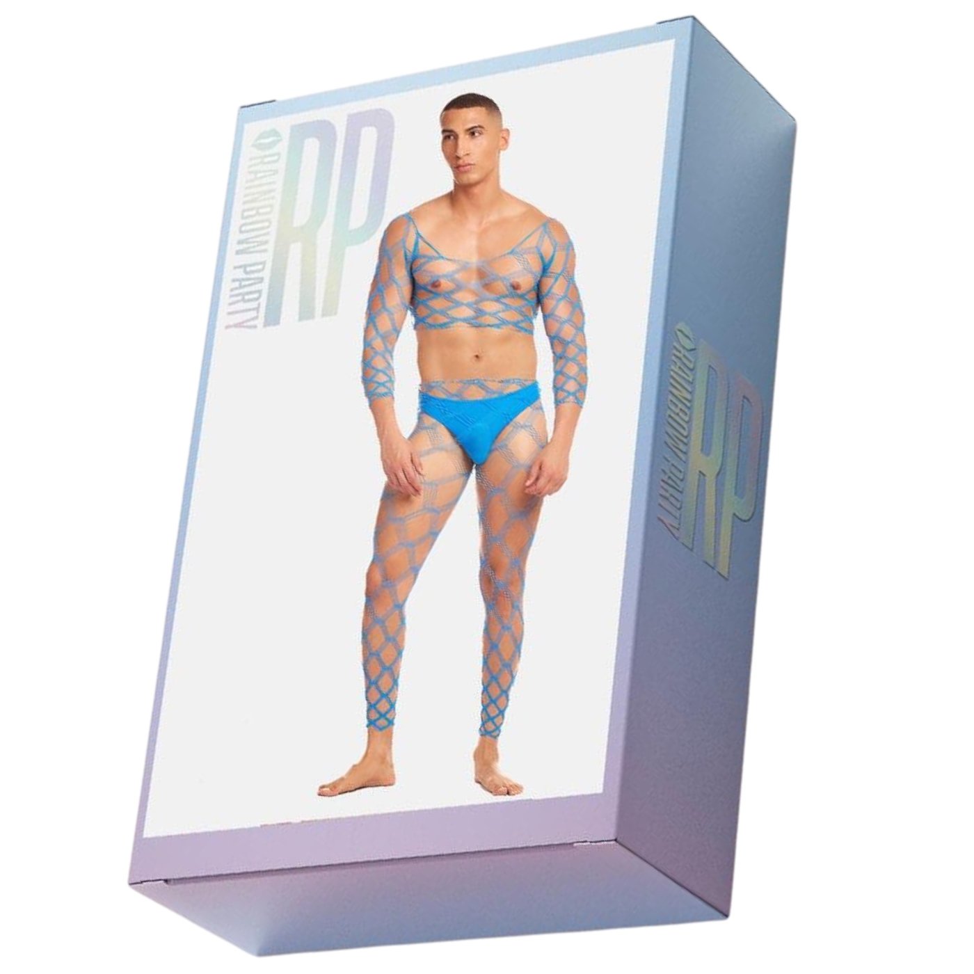 Rainbow Party Future Mode Men’s Geometric Fishnet Top, Leggings & Thong Set Blue