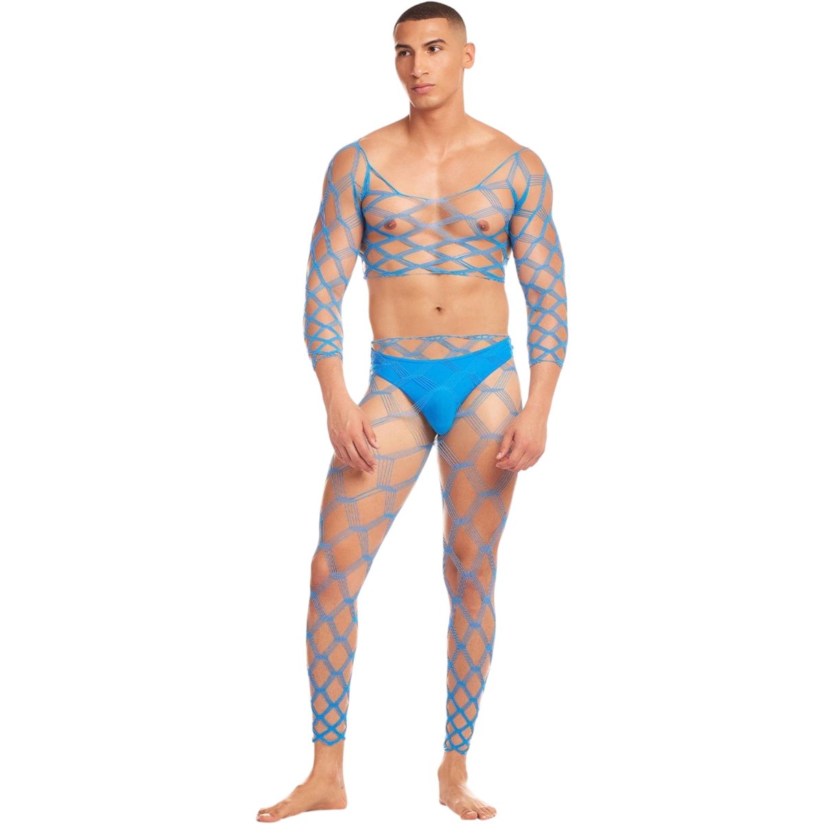 Rainbow Party Future Mode Men’s Geometric Fishnet Top, Leggings & Thong Set Blue, S/M