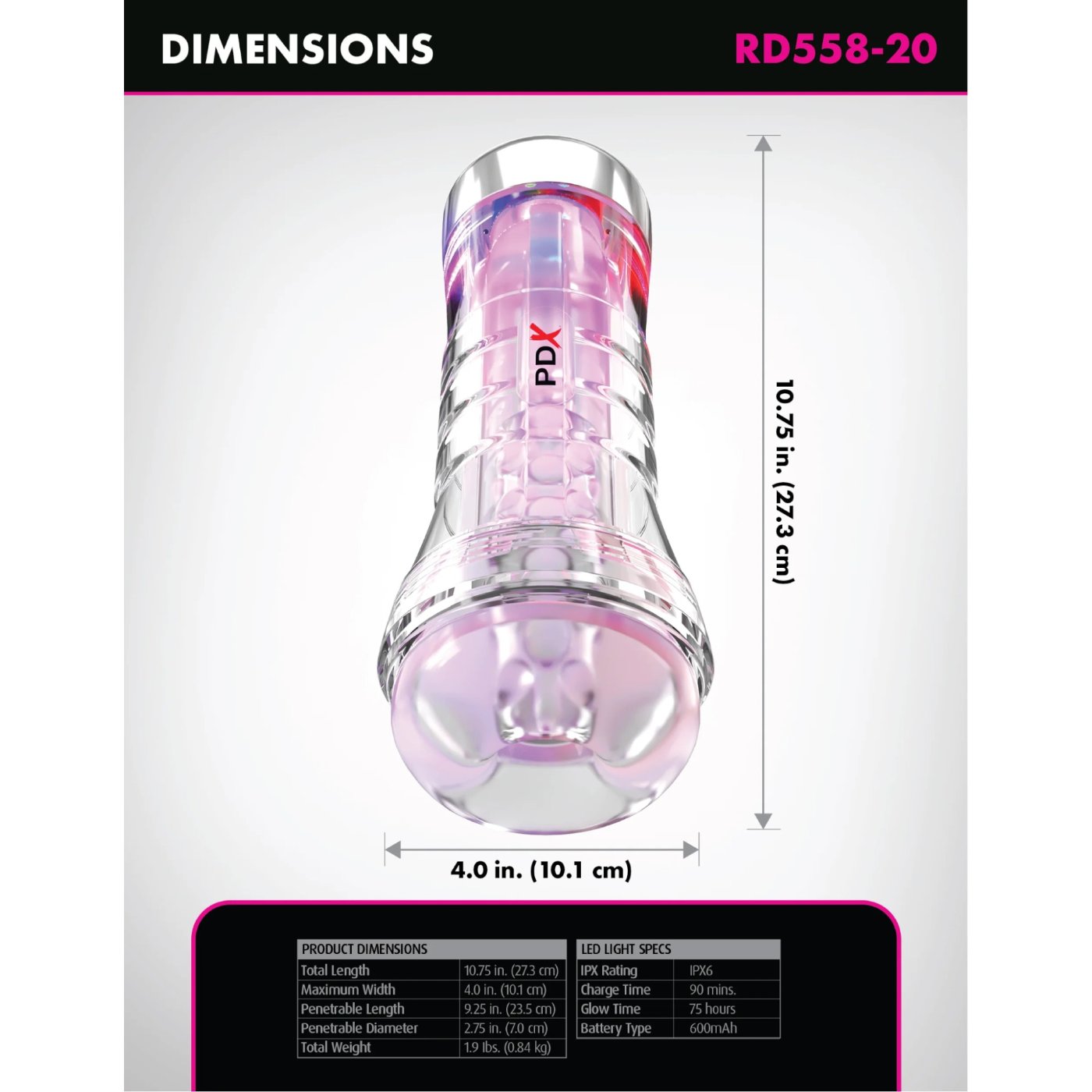 PDX Elite ViewTube XXL See-Thru LED Stroker Male Masturbator