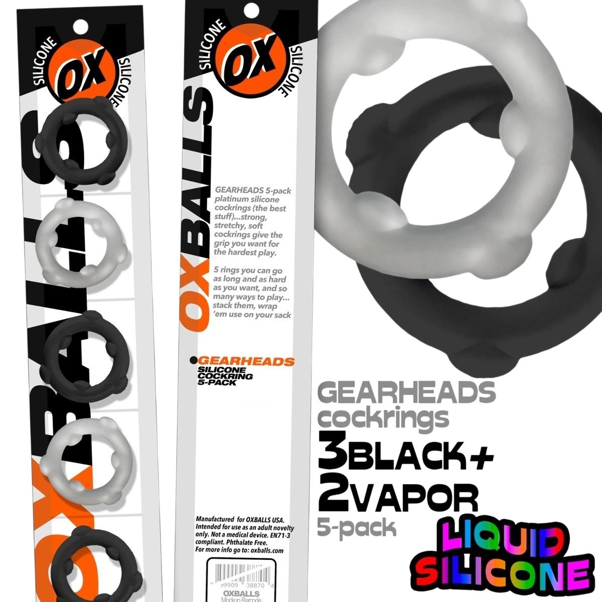 Oxballs Gearheads Mega-Stretch Liquid Silicone Cock Rings Black/Clear (5-Pack)
