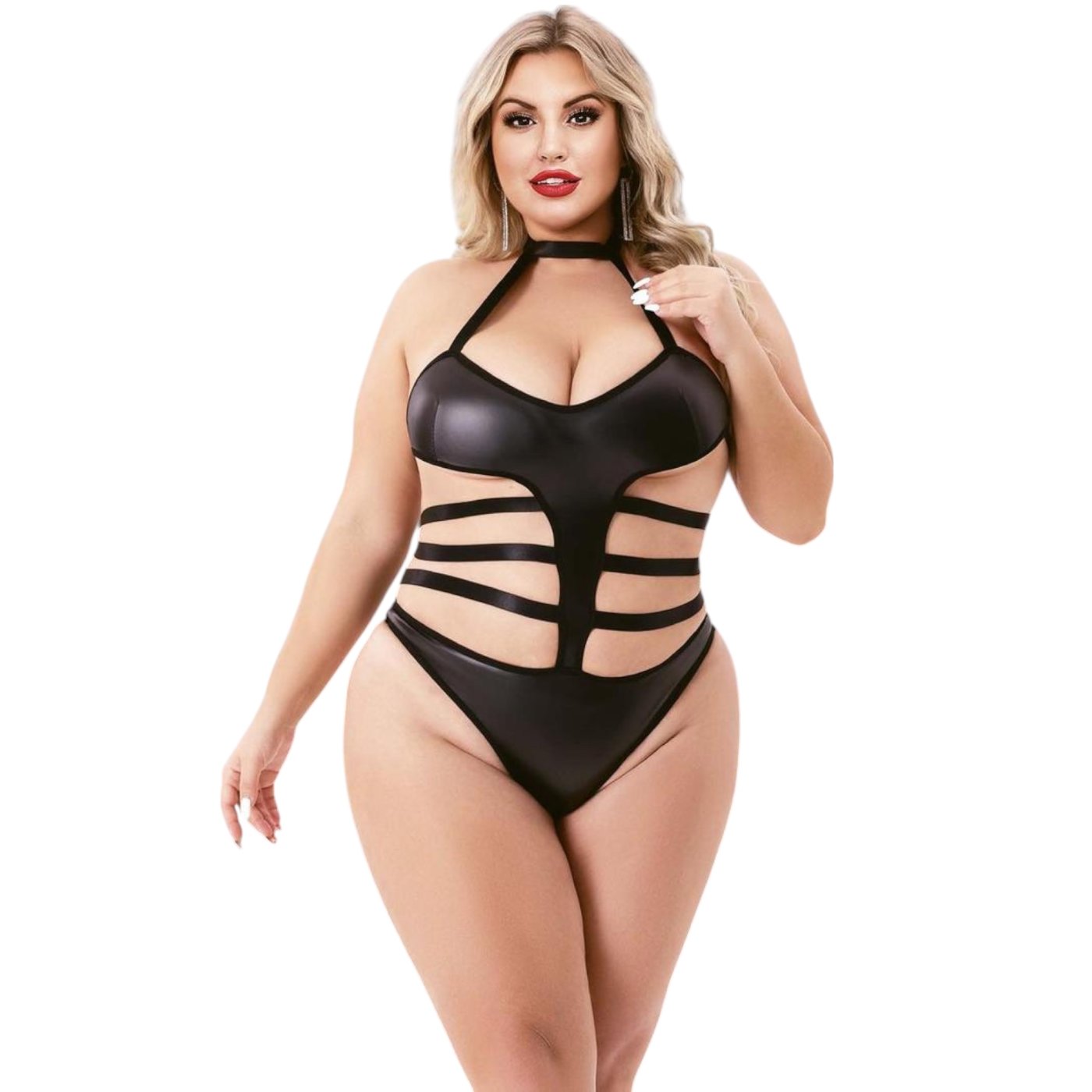 Baci Halter Top Wet Look Teddy Black Queen