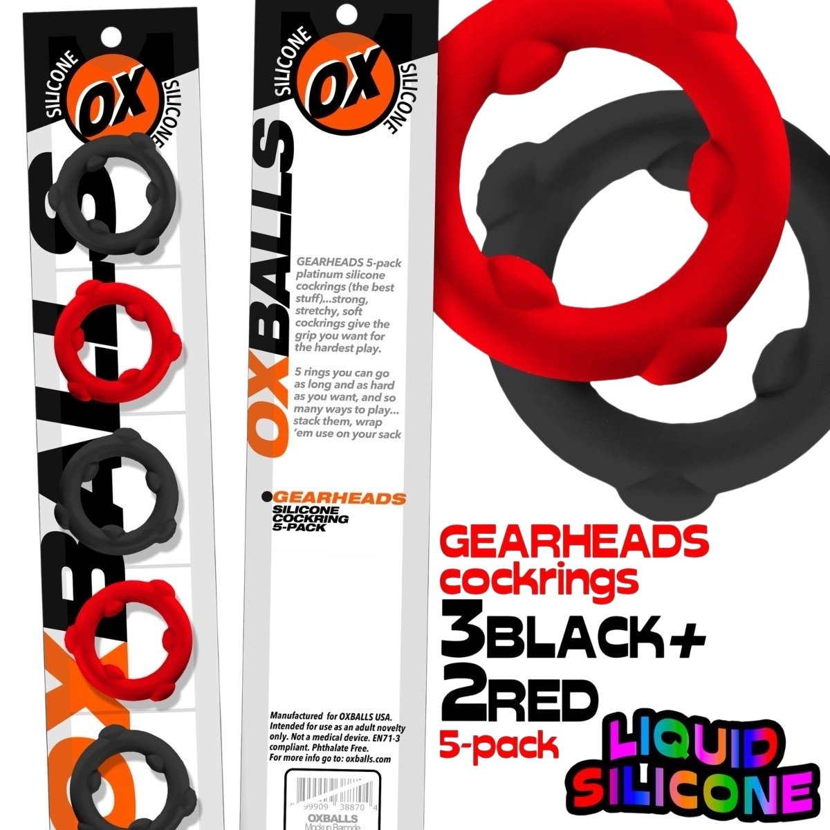 Oxballs Gearheads Mega-Stretch Liquid Silicone Cock Rings Black/Red (5-Pack)