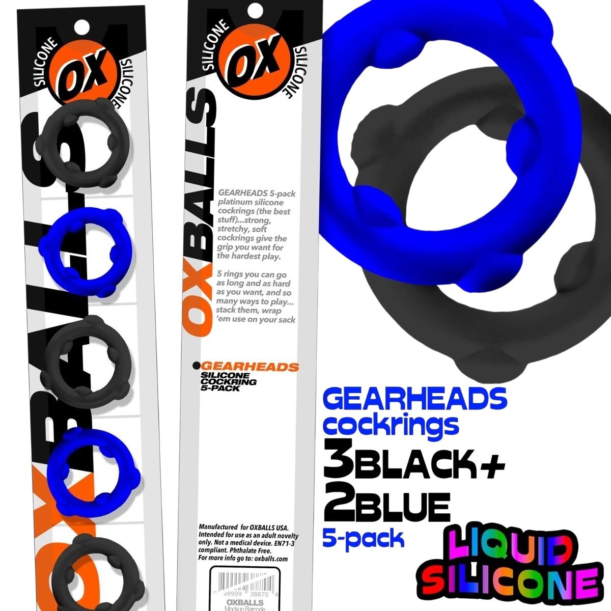 Oxballs Gearheads Mega-Stretch Liquid Silicone Cock Rings Black/Blue (5-Pack)