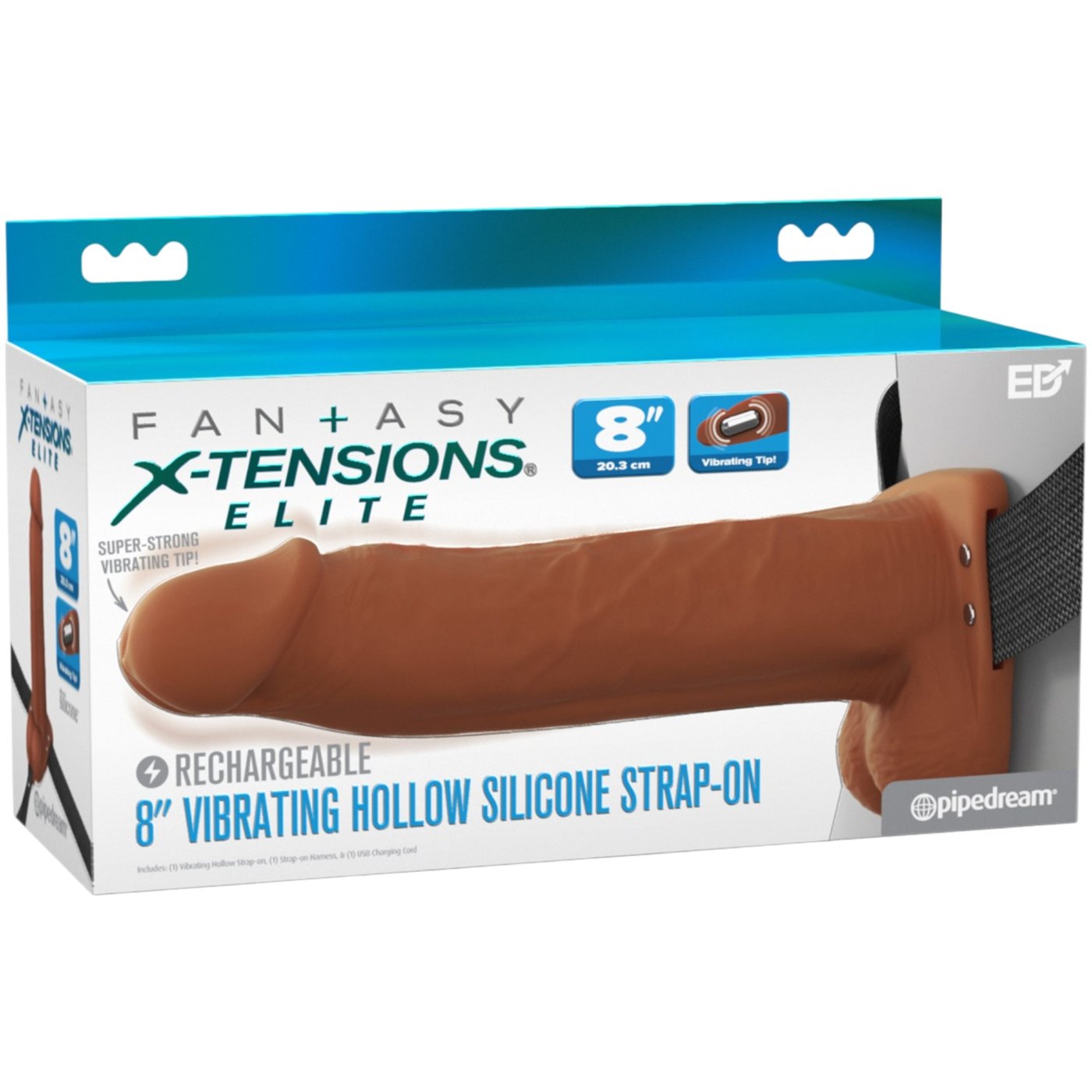 Fantasy X-Tensions Elite 8 Inch Vibrating Hollow Silicone Strap-On with Harness