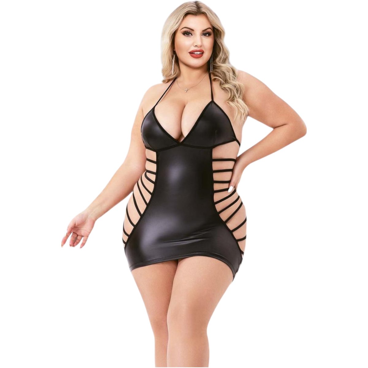 Baci Strappy Wet Look Mini Dress Black Queen