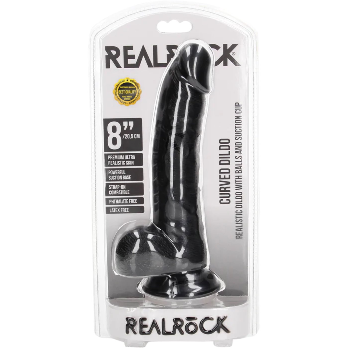 RealRock Curved Realistic Dildo with Balls and Suction Cup Black 8 Inch