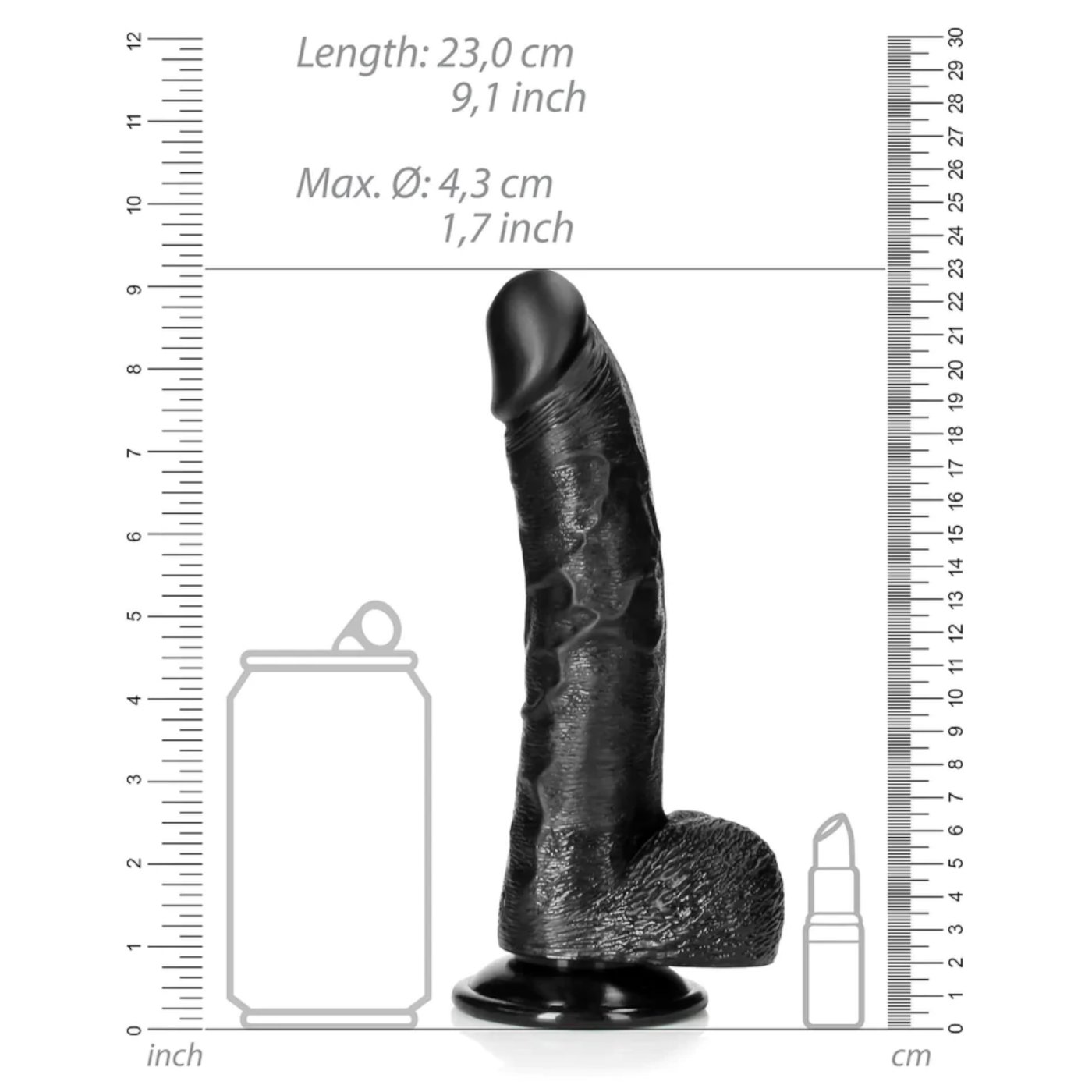 RealRock Curved Realistic Dildo with Balls and Suction Cup Black 8 Inch