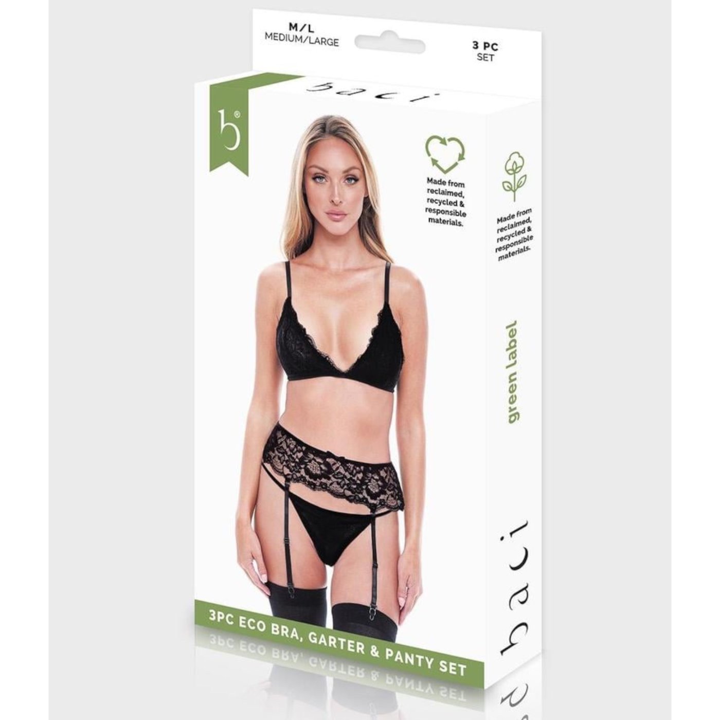 Baci Three-Piece Eco Bra, Garter and Panty Set