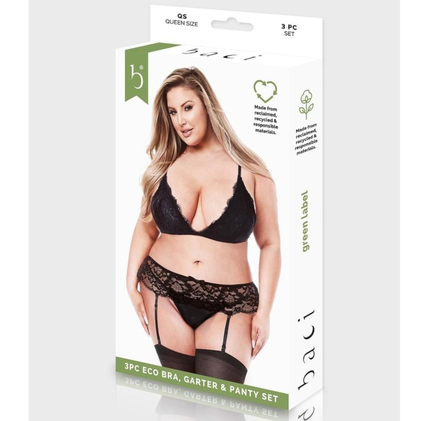 Baci Three-Piece Eco Bra, Garter and Panty Set Queen