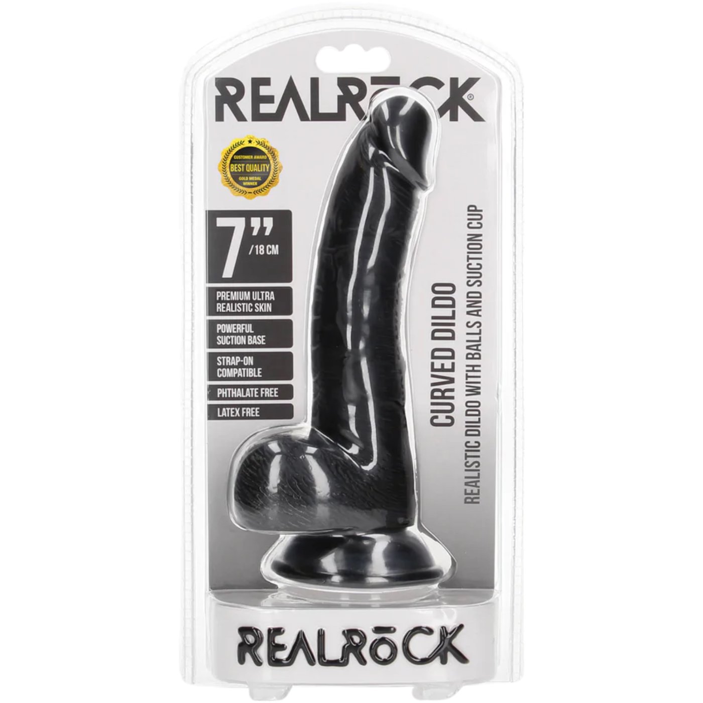 RealRock Curved Realistic Dildo with Balls and Suction Cup Black 7 Inch