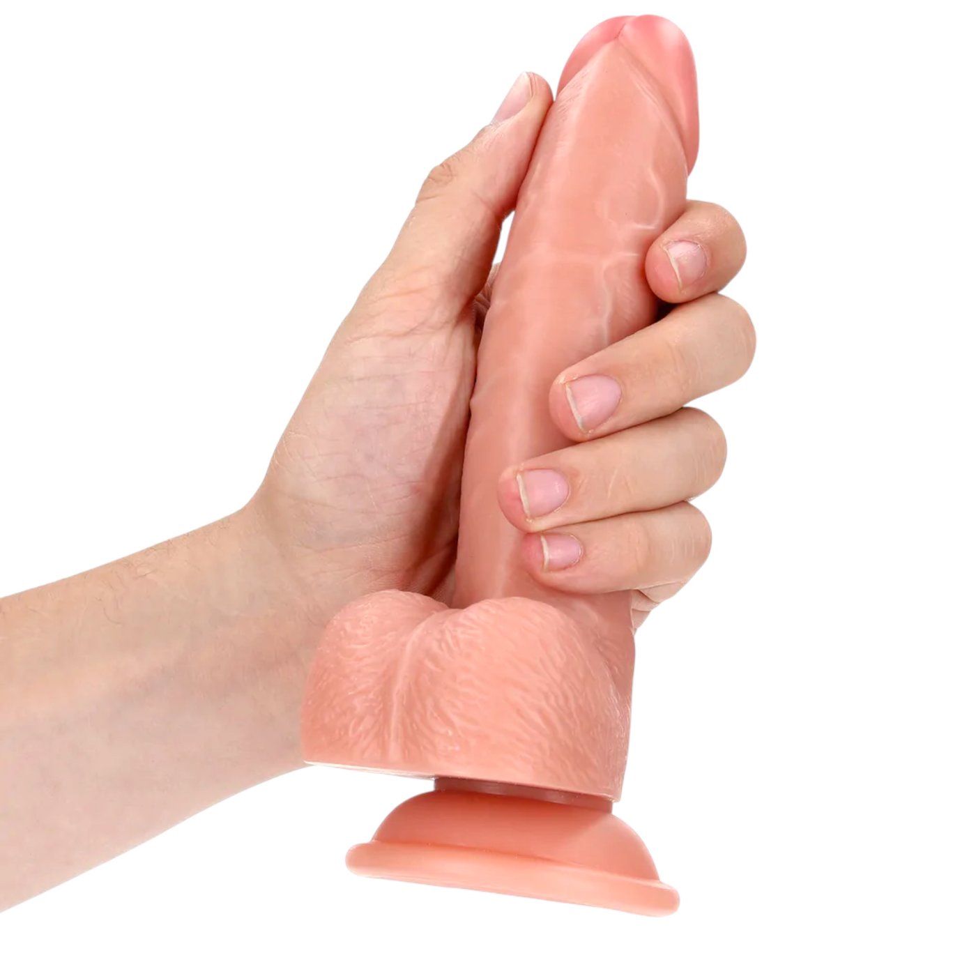 RealRock Curved Realistic Dildo with Balls and Suction Cup Flesh Pink 7 Inch