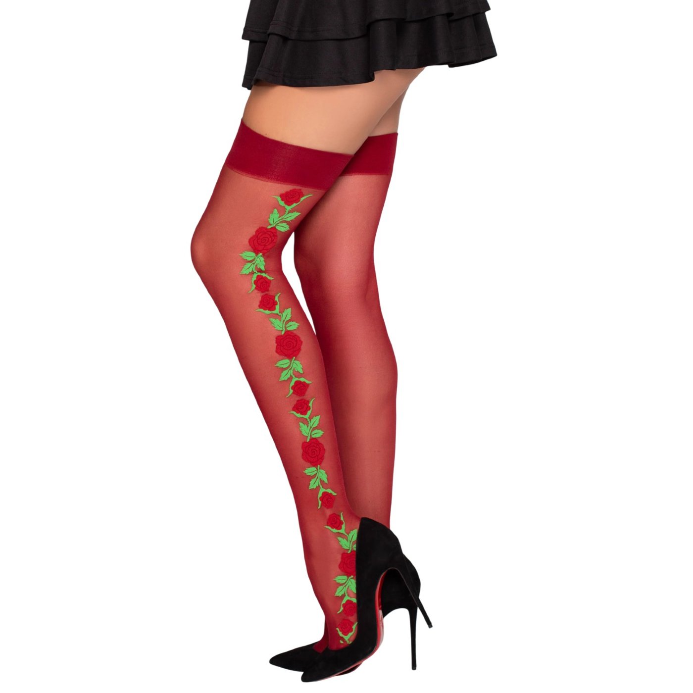 Leg Avenue Sheer Red Spandex Thigh High Stockings with Rose Embroidery