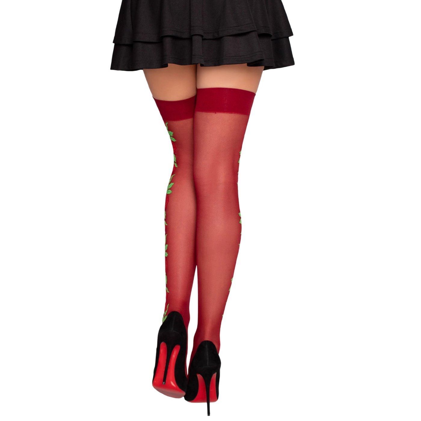 Leg Avenue Sheer Red Spandex Thigh High Stockings with Rose Embroidery
